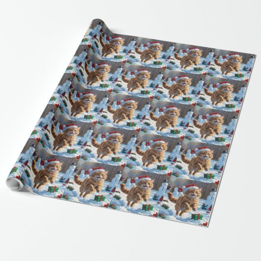 Turkse Angora Kat Lopen in Sneeuw Kerstmuts Cadeaupapier (Uitgerold)