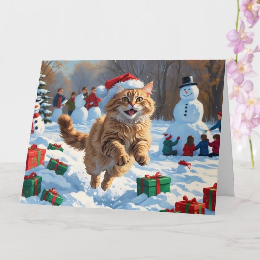 Turkse Angora Kat Lopen in Sneeuw Kerstmuts Kaart (Orchidee)