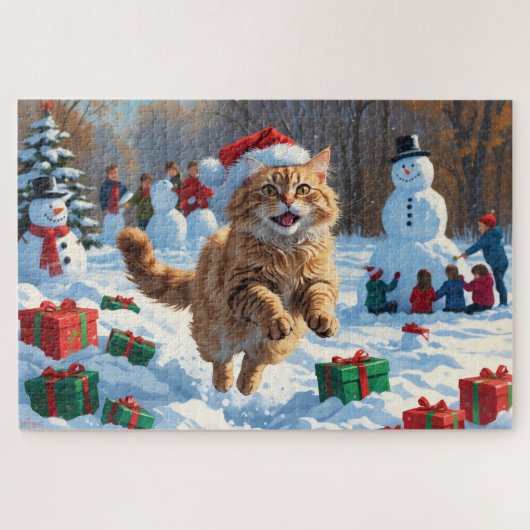 Turkse Angora Kat Lopen in Sneeuw Kerstmuts Legpuzzel (Horizontaal)