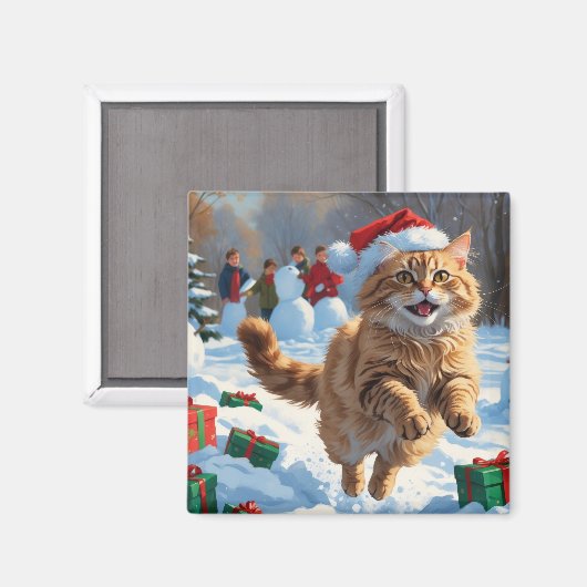 Turkse Angora Kat Lopen in Sneeuw Kerstmuts Magneet (Voorkant / Achterkant)