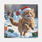 Turkse Angora Kat Lopen in Sneeuw Kerstmuts Magneet (Voorkant)