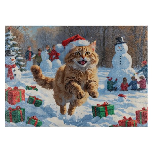 Turkse Angora Kat Lopen in Sneeuw Kerstmuts Snijplank (Voorkant)