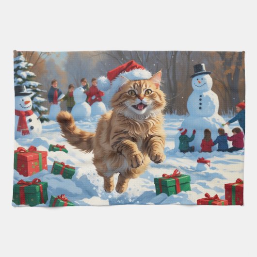Turkse Angora Kat Lopen in Sneeuw Kerstmuts Theedoek (Horizontaal)