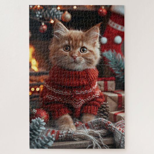 Turkse Angora Kat Met Kerstcadeaus Haard Legpuzzel (Verticaal)