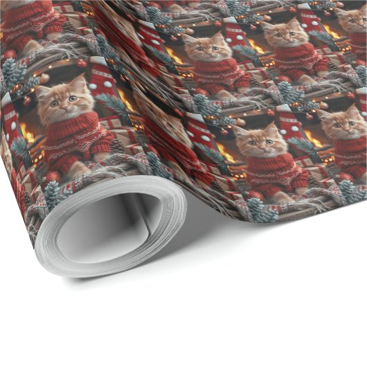 Turkse Angora kat met kerstcadeaus open haard Cadeaupapier (Rol Hoek)