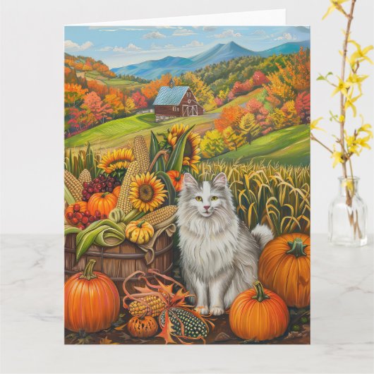 Turkse Angora Kat Oogst Dankdag Kaart (Gele Bloem)