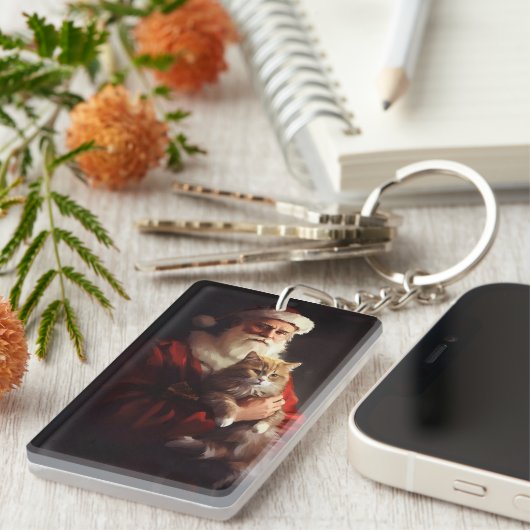 Turkse Angora Kat Sinterklaas Feestelijke Kerstmis Sleutelhanger (Voorkant Rechts)