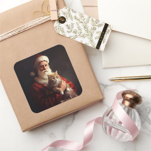 Turkse Angora Kat Sinterklaas Feestelijke Kerstmis Vierkante Sticker (Geschenken)