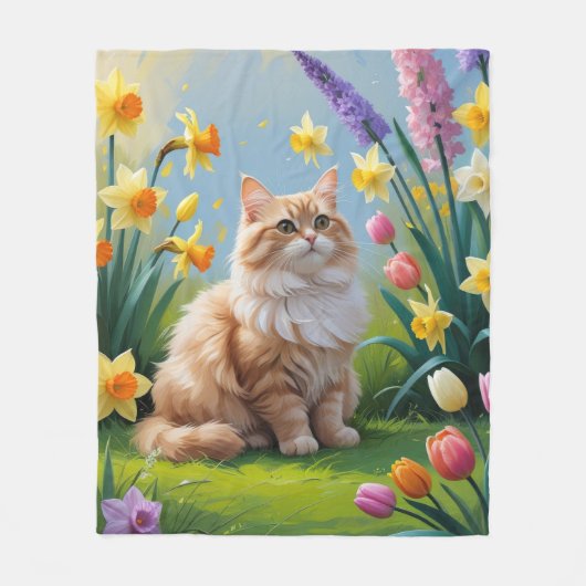 Turkse Angora Kat Spring Bloemen Schilderen Fleece Deken (Voorkant)