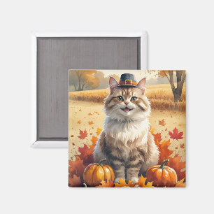 Turkse Angorakat Herfstbladeren Thanksgiving Kunst Magneet