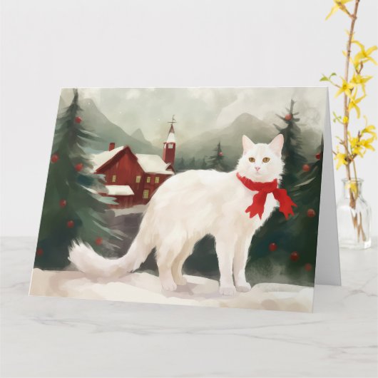Turkse Angorakat in Sneeuw Kerstmis Kaart (Gele Bloem)