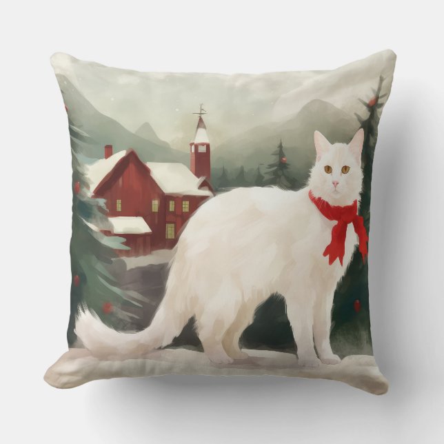 Turkse Angorakat in Sneeuw Kerstmis Kussen (Voorkant)
