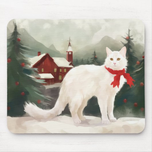 Turkse Angorakat in Sneeuw Kerstmis Muismat (Voorkant)