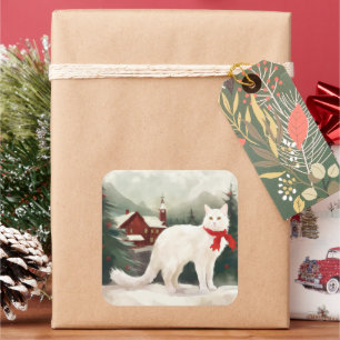 Turkse Angorakat in Sneeuw Kerstmis Vierkante Sticker