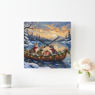 Turkse Angorakat Kerstboot Vakantie Vierkante Klok