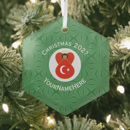 Turkse Vlag Kerst Engel Naam Jaar Hexagoon Glas Ornament (Insitu)