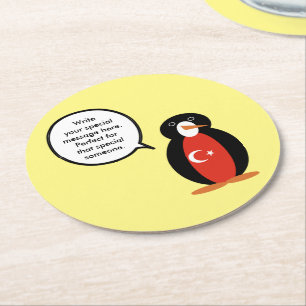 Turkse Vlag Pratende Mevrouw Pinguïn Persoonlijk Ronde Kartonnen Onderzetter