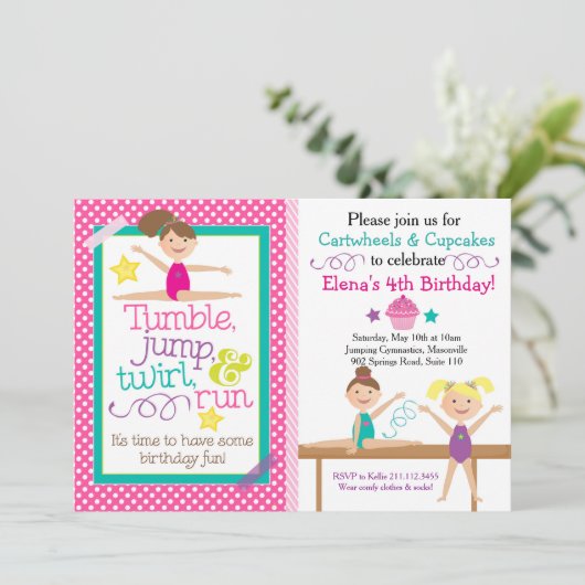 Turnen en Cupcakes Gymnastiek Feest Uitnodiging (Staand voorkant)