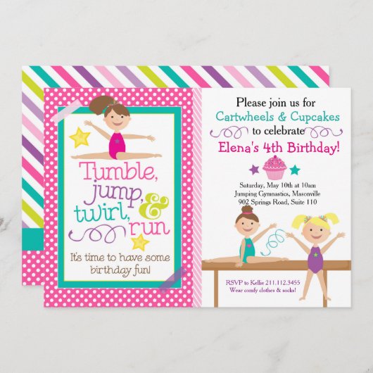 Turnen en Cupcakes Gymnastiek Feest Uitnodiging (Voorkant / Achterkant)