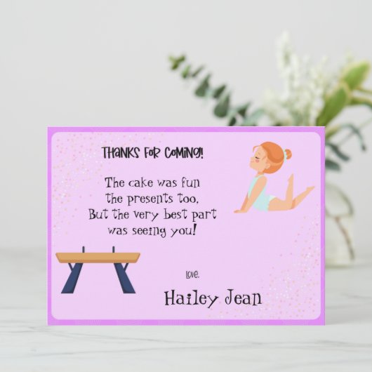 Turnkaart gymnastiek verjaardagsfeestje bedankkaart (Staand voorkant)