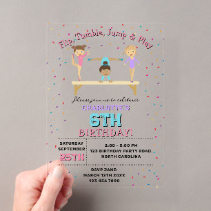 Turnthema voor meisjes verjaardagsfeestje gymnasti acryl uitnodigingen