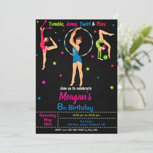 Turnverjaardagsuitnodiging Meisje tumbling feestje Kaart (Staand voorkant)