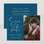 Turoblauw Kalligrafie Save the Date Trouwfoto Uitnodiging Briefkaart (Voorkant / Achterkant)