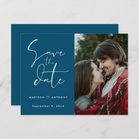Turoblauw Kalligrafie Save the Date Trouwfoto Uitnodiging Briefkaart (Voorkant / Achterkant)
