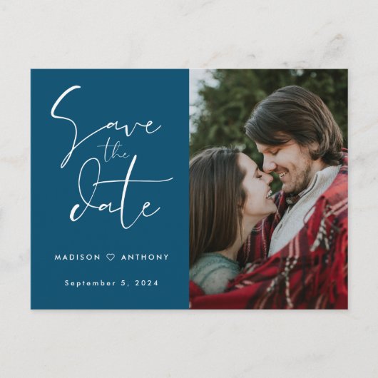 Turoblauw Kalligrafie Save the Date Trouwfoto Uitnodiging Briefkaart (Voorkant)