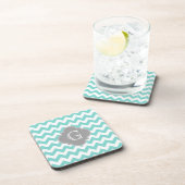 Turq / Aqua White Chevron Gray Quatrefoil Monogram Drankjes Onderzetter (Rechterzijde)