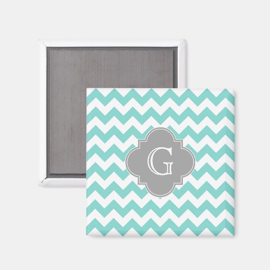 Turq / Aqua White Chevron Gray Quatrefoil Monogram Magneet (Voorkant / Achterkant)