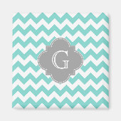 Turq / Aqua White Chevron Gray Quatrefoil Monogram Magneet (Voorkant)