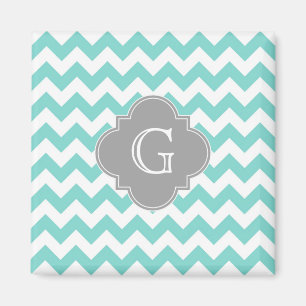 Turq / Aqua White Chevron Gray Quatrefoil Monogram Magneet