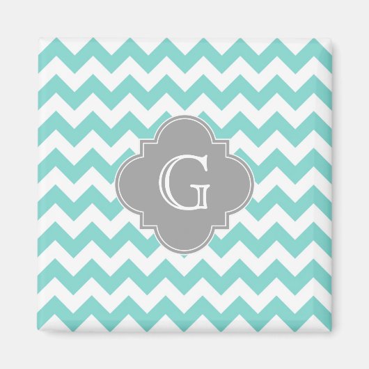 Turq / Aqua White Chevron Gray Quatrefoil Monogram Magneet (Voorkant)