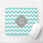 Turq / Aqua White Chevron Gray Quatrefoil Monogram Muismat (Met muis)