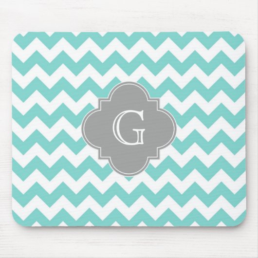 Turq / Aqua White Chevron Gray Quatrefoil Monogram Muismat (Voorkant)