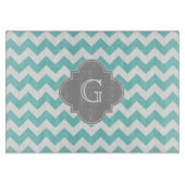 Turq / Aqua White Chevron Gray Quatrefoil Monogram Snijplank (Voorkant)
