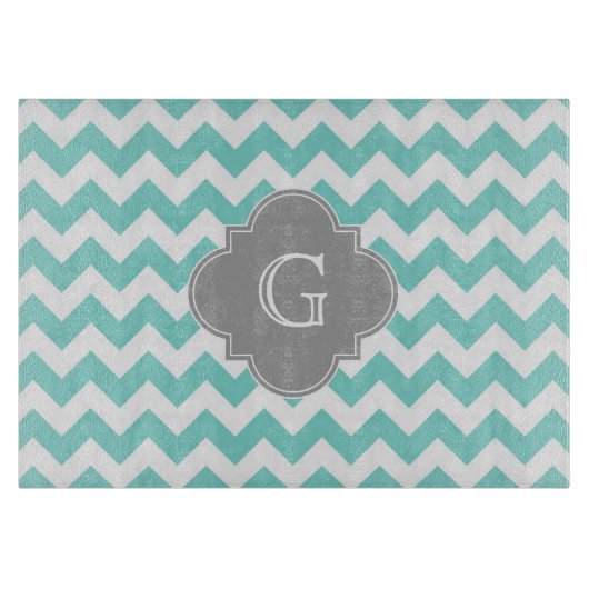 Turq / Aqua White Chevron Gray Quatrefoil Monogram Snijplank (Voorkant)