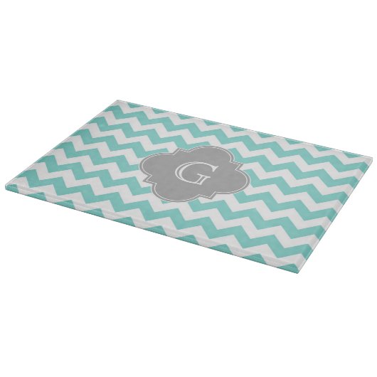Turq / Aqua White Chevron Gray Quatrefoil Monogram Snijplank (Hoek)