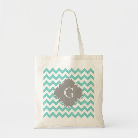 Turq / Aqua White Chevron Gray Quatrefoil Monogram Tote Bag (Voorkant)