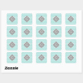 Turq / Aqua White Chevron Gray Quatrefoil Monogram Vierkante Sticker (Vel)