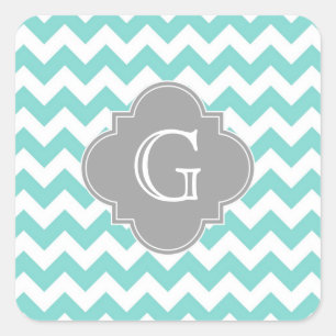 Turq / Aqua White Chevron Gray Quatrefoil Monogram Vierkante Sticker
