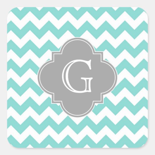 Turq / Aqua White Chevron Gray Quatrefoil Monogram Vierkante Sticker (Voorkant)