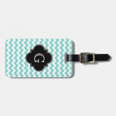 Turq / Aqua Wht Chevron Black Quatrefoil Monogram Bagagelabel (Voorkant horizontaal)