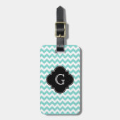 Turq / Aqua Wht Chevron Black Quatrefoil Monogram Bagagelabel (Voorkant verticaal)