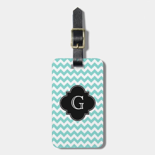 Turq / Aqua Wht Chevron Black Quatrefoil Monogram Bagagelabel (Voorkant verticaal)