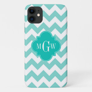 Turq / Aqua Wht Chevron Blauwgroen 3 Initiaal mono Case-Mate iPhone Case