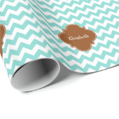 Turq / Aqua Wht Chevron Brown Quatrefoil Monogram Cadeaupapier (Rol Hoek)
