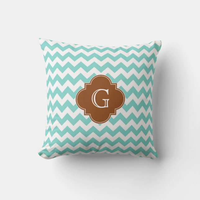 Turq / Aqua Wht Chevron Bruin Vierblad Monogram Kussen (Voorkant)