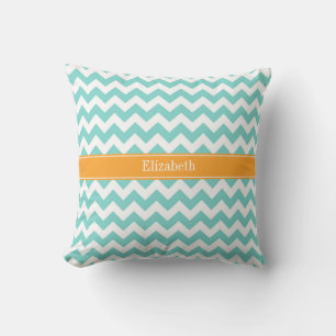 Turq / Aqua Wht Chevron Cantaloupe Naam Initiaalmo Kussen